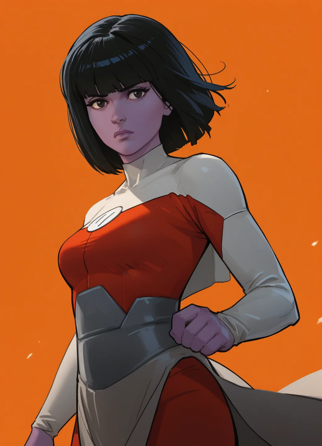 score_9, score_8_up, UrsaalThrx, solo, 1girl, purple skin, black hair, bob cut, blunt bangs, black eyes, bodysuit, loincloth, red pants,
floating, upper body, serious, closed mouth,
medium breasts, curvy,
orange background,
<lora:Ursaal_-_Invincible-000006 Pony:1>