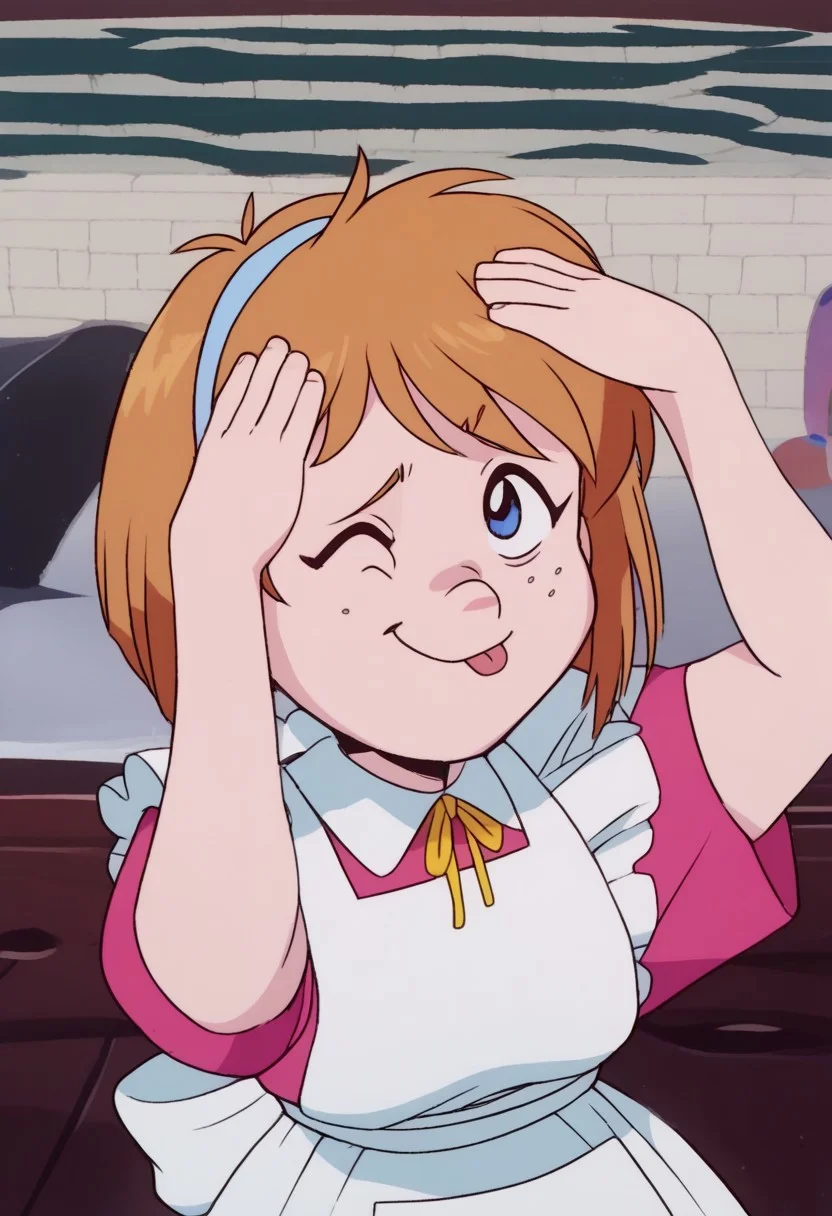 score_9, score_8_up, score_7_up, AhEtoBlehMeme, closed eyes, tongue out, :p, hands on own head, smile, <lora:AhEtoBlehMeme_pdxl_Incrs_v1:1> marie_ec, blue eyes, freckles, short hair, hairband, dress, apron,