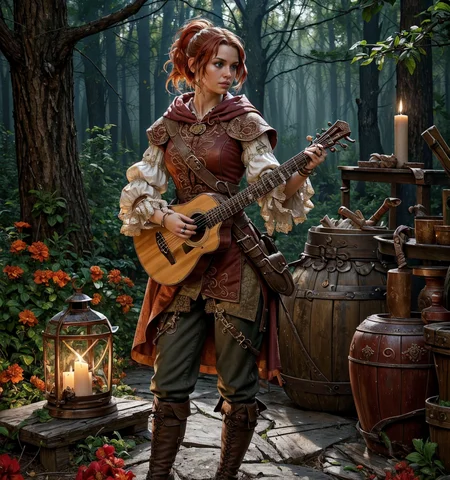 RAW photo, (masterpiece:1.3), subsurface scattering, heavy shadow, (high quality:1.4), (intricate, high detail:1.2), professional photography, HDR, High Dynamic Range, realistic, ultra realistic, photorealistic, high resolution, film photography, ambient lighting, atmospheric effects, <lora:detail_slider_v4:2>, OverallDetail, <lora:Bard:0.8> ,1girl, anklet, bard, blonde hair, blue eyes, boots, brown eyes, brown footwear, brown hair, brown pants, clenched hand, cloud, dress, forest, full body, hood, instrument, jewelry, looking at viewer, lute \(instrument\), music, outdoors, pants, playing instrument, ponytail, pouch, puffy sleeves, red flower, red hair, ring, scabbard, sheath, signature, simple background, solo, white hair