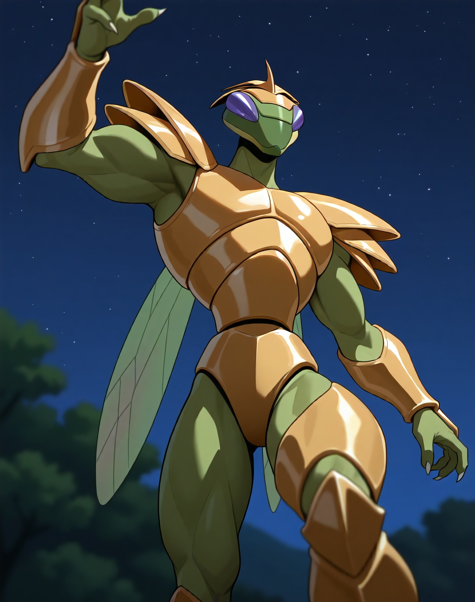 <lora:Hyper_Katris_(Shinzo)_(Illustrious)_(AD):1.15> Hyper Katris, mantis, Shinzo, 
((
exterior, anime night sky, anime mountains, bent leg, cowboy shot, 
dynamic action, insect anthro, male focus, strong warrior, manly, bounty hunter villain, gold armor, green body, manly, masculine, 
)),
BREAK: very awe, aesthetically pleasing, masterpiece, best quality, amazing quality, very aesthetic, perfect depth of field shot, gradient coloring, subsurface reflections, source_furry, furry_art, 
masterpiece, best quality, amazing quality, very aesthetic, high resolution, ultra-detailed, absurdres, newest, scenery, {Prompt}, BREAK, detailed background, volumetric lighting,
BREAK: lazympos, lazypos (3),