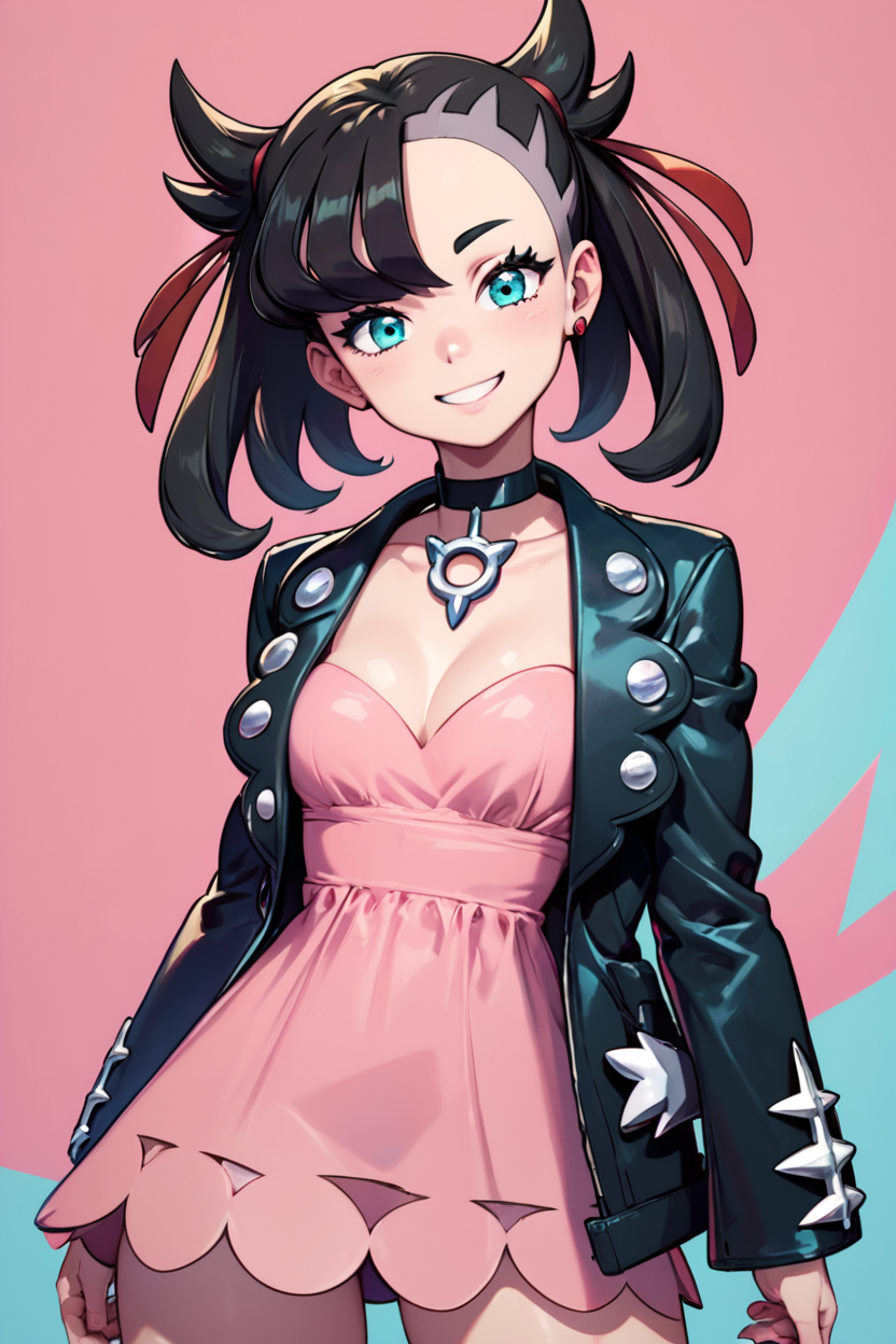score_9, score_8_up, score_8, medium breasts, (curvy), cute, eyelashes,       marnie \(pokemon\), aqua eyes, black choker, red ribbon, pink dress, jewelry, black jacket, open clothes, long sleeves, solo, smiling, looking at viewer, cowboy shot,    <lora:Vivid:0.8>, embedding:zPDXL,