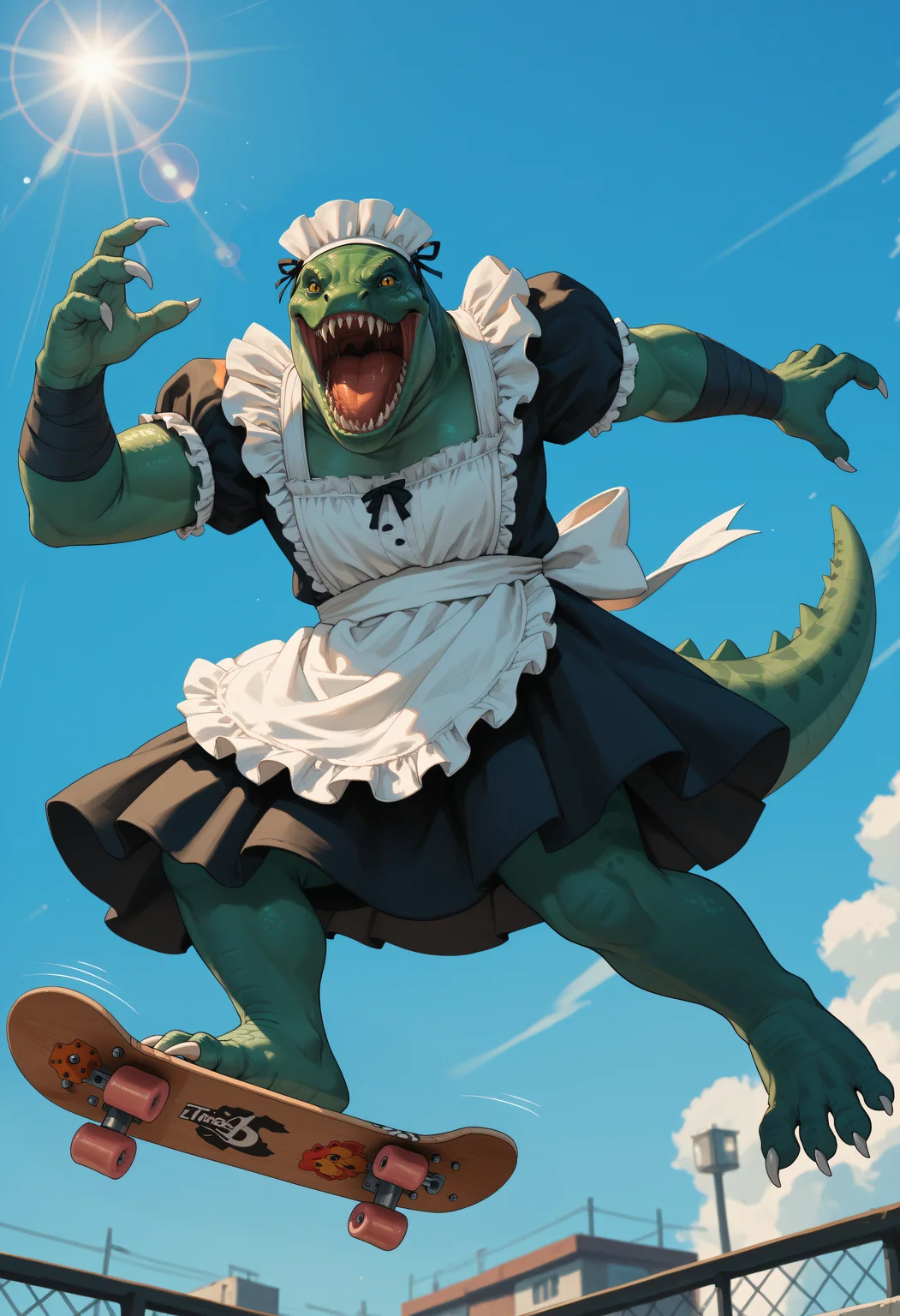 score_9, score_8_up, score_7_up, score_6_up, score_5_up, score_4_up, rating_explicit, BREAK 1boy, tidehunterpdxl, male, arm wrap, yellow eyes, feet, claws, long teeth, sharp teeth, plump, large, maid costume, maid headdress, mid air, blue sky, skateboard, motion lines, lens flare, <lora:TideHunter:0.6>