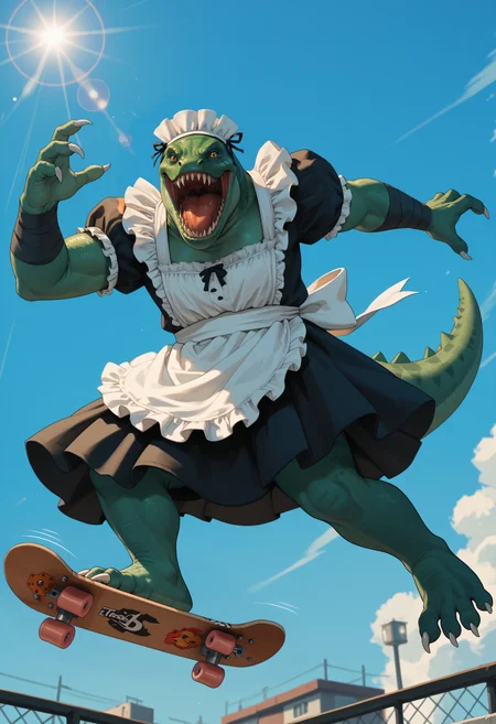 score_9, score_8_up, score_7_up, score_6_up, score_5_up, score_4_up, rating_explicit, BREAK 1boy, tidehunterpdxl, male, arm wrap, yellow eyes, feet, claws, long teeth, sharp teeth, plump, large, maid costume, maid headdress, mid air, blue sky, skateboard, motion lines, lens flare, <lora:TideHunter:0.6>
