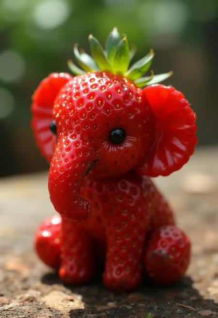 detailed realistic close up of a strawberry shaped like a Elephant, sitting, natural light detailmaximizer