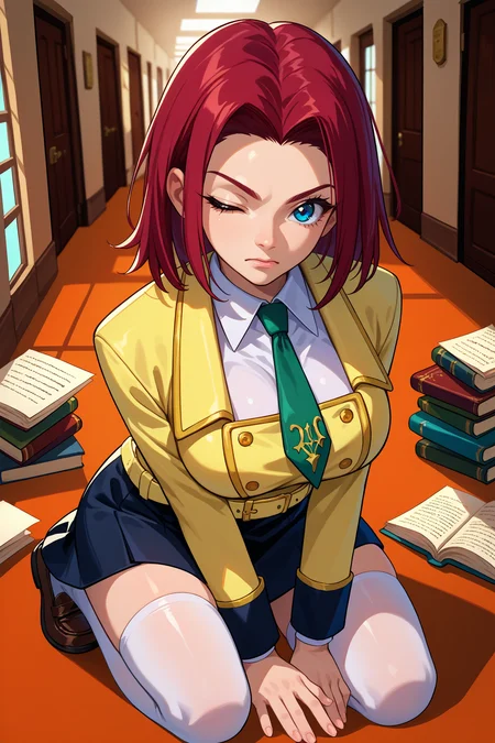 score_9, score_8_up, score_7_up, score_6_up, source_anime, 1girl, solo, <lora:kouzukikallen-pdxl-nvwls-v1-000006:1> kouklln, red hair, medium hair, blue eyes, yellow blazer, collared shirt, green necktie, yellow belt, black skirt, white thighhighs, big breasts, kneeling, loafers, full body, hallway, books, paper, looking at you, wince