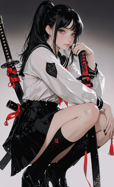 1girl, solo, long hair, looking at viewer, blush, shirt, skirt, black hair, long sleeves, closed mouth, jewelry, brown eyes, school uniform, white shirt, full body, ponytail, weapon, pleated skirt, shoes, socks, serafuku, sword, black skirt, sailor collar, black footwear, grey background, lips, gradient background, kneehighs, squatting, black socks, katana, black nails, sheath, sheathed, shirt tucked in
