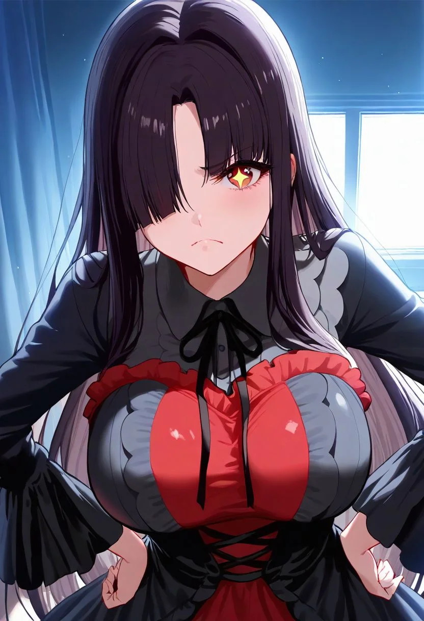 masterpiece, best quality, amazing quality, very aesthetic, absurdres,<lora:GEN(illust) 0.2v:1>,
<lora:xueli (illust) 0.1v-000013:1>,
1girl, solo, long hair, breasts, looking at viewer, black hair, long sleeves, dress, ribbon, closed mouth, very long hair, red eyes, upper body, official alternate costume, frills, indoors, hair over one eye, black dress, window, neck ribbon, black ribbon, frown, red dress, backlighting, hands on own hips, xueli, + +, symbol-shaped pupils