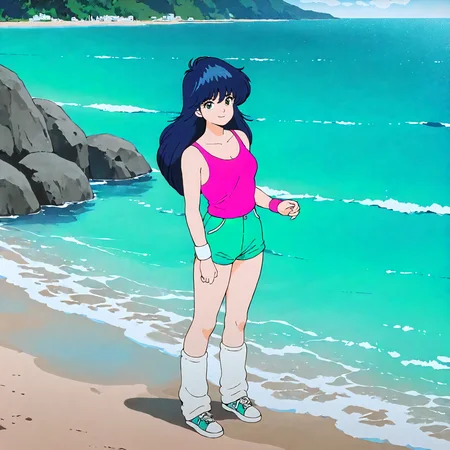 <lora:KOR_MadokaAyukawaXLIllustrious002>,
masterpiece,best quality,good quality,newest,
outdoors,ocean,
smile,
looking at viewer,
solo,
MadokaAyukawa,1girl,blue hair,long hair,green eyes,
breasts,
pink tank top,
Wristband,
aqua shorts,
leg warmers,
sneakers,
full body,standing,