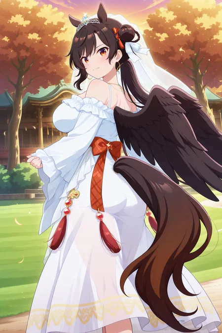 absurdres, highres, masterpiece, best quality, amazing quality, official anime artwork, screencap, anime screencap, outdoors, looking at viewer, light smile, dynamic pose, standing,
<lora:Saki-Kurokoma_Illustrious:1> kurokoma saki, 1girl, solo, brown eyes, black hair, long hair, double bun, side braid, braided hair rings, large breasts, black wings, bird wings, pegasus wings, horse ears,, kurokoma saki \(swift black white horse\), alternate costume, hair ornament, hair bow, red bow, white ribbon, bridal veil, tiara, hoop earrings, jewelry, off shoulder, white dress, long sleeves, wide sleeves, tassel, tail ribbon, tail ornament,