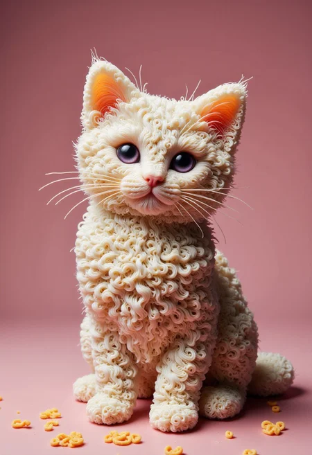 sweet kitten with purple eyes made out of instant noodles