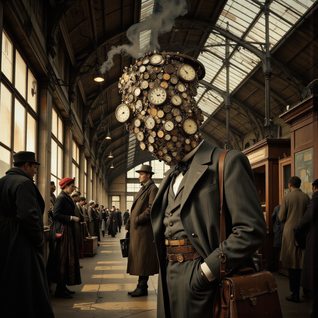 <lora:lora-DuoTone, Bleaked White_trained:1>DuoTone, Bleaked White, a train station where the trains arrive before they depart, and the clocks run at different speeds depending on how fast you look at them. Passengers dressed in forgotten decades step onto platforms that dissolve the moment they leave. The station master wears a mask made of pocket watches, whispering station names that never existed.