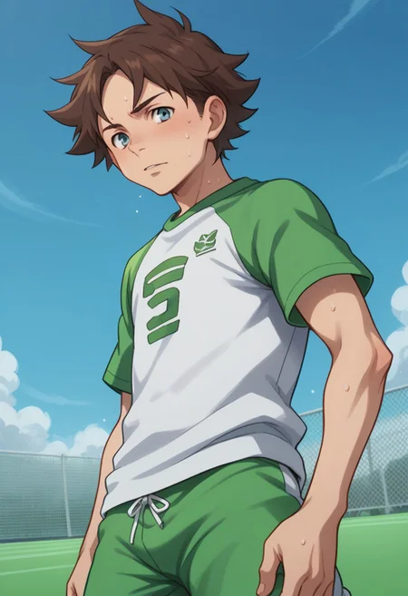 score_9, score_8_up, score_7_up, source_anime, highly detailed,
renton, 1boy, male focus, solo, sportswear, soccer uniform, brown hair, sweat,
blue eyes, outdoors, sky, green shorts, day, looking at viewer,