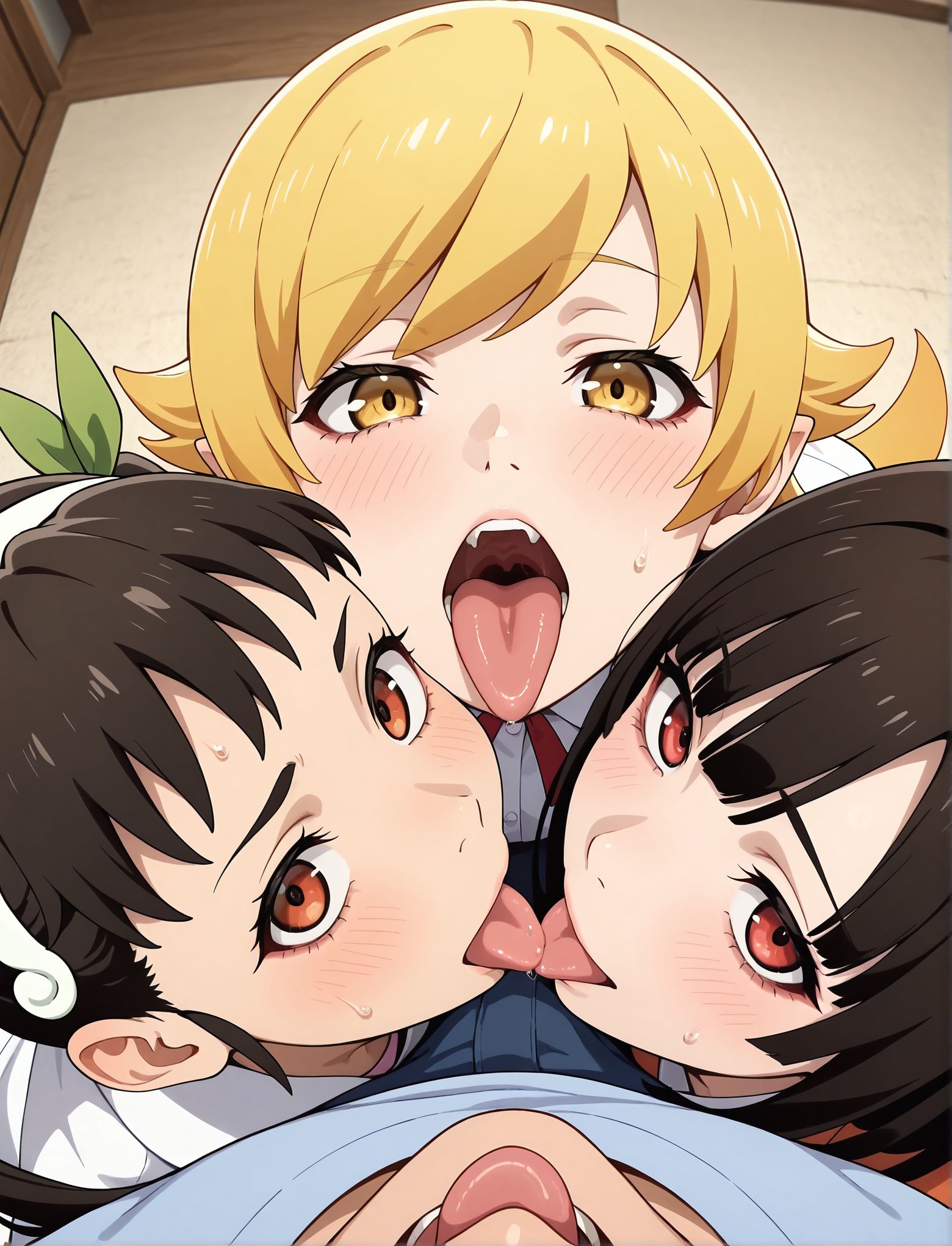 masterpiece,best quality,amazing quality,very aesthetic,absurdres,newest, huge filesize,
<lora:spo_sdxl_10ep_4k-data_lora_webui:0.5>,
<lora:add-detail-xl:1>anime screenshot, 2d,anime coloring, flat color, 
kakegurui, official art, 
<lora:group_kiss:0.5>3pffmkiss , pov,
3rd_kiss,group kiss, third-person perspective, close-up shot,
3girls, 1 boy,hetero,   open mouth, from above ,looking at viewer, 
tongue out, 
sweat, sweatdrop, 
BREAK
 hachikuji mayoi, 
BREAK
sengoku nadeko, 
BREAK
oshino shinobu,