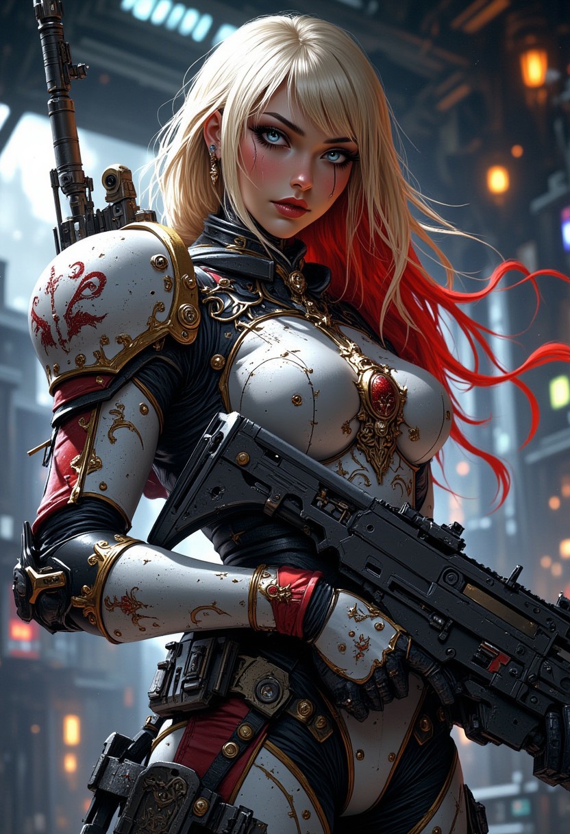 ArsMJStyle, dnddarkestfantasy, mythp0rt, highly detailed photorealistic image, perfect composition, perfect lighting, intricate detail, female oriental space marine, two-tone hair, blonde with red highlights, bangs, white and red body armor, holding assault rifle, spaceship bridge, RAW photo, HD32K, absurdres, cowboy shot