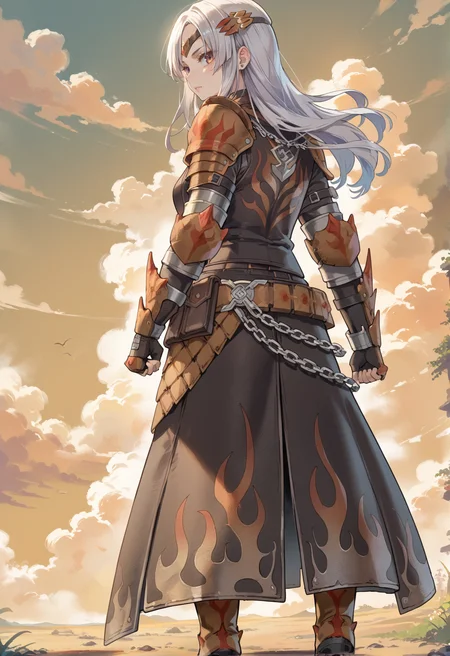 (score_9:0.9),score_8_up,score_7_up,rating_safe,anime style,(zPDXL),<lora:Espinas armor ponyXL v1.2:0.7>,long hair,clenched hands,standing,arms at sides,grey hair,espinas armor,1girl,brown gauntlets,brown belt,brown hair ornament,brown knee boots,brown pauldron,brown totem skirt,looking back,
