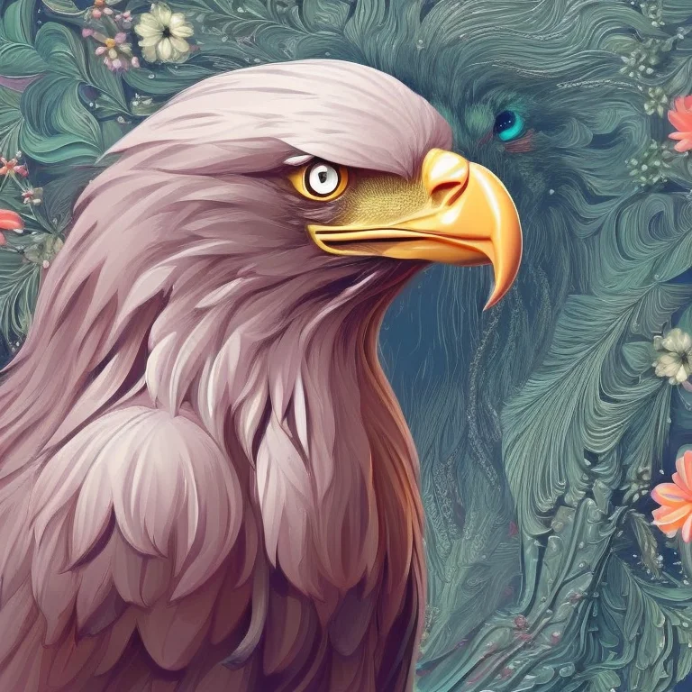 overwhelmingly beautiful eagle framed with vector flowers, long shiny wavy flowing hair, polished, ultra detailed vector floral illustration mixed with hyper realism, muted pastel colors, vector floral details in background, muted colors, hyper detailed ultra intricate overwhelming realism in detailed complex scene with magical fantasy atmosphere, no signature, no watermark