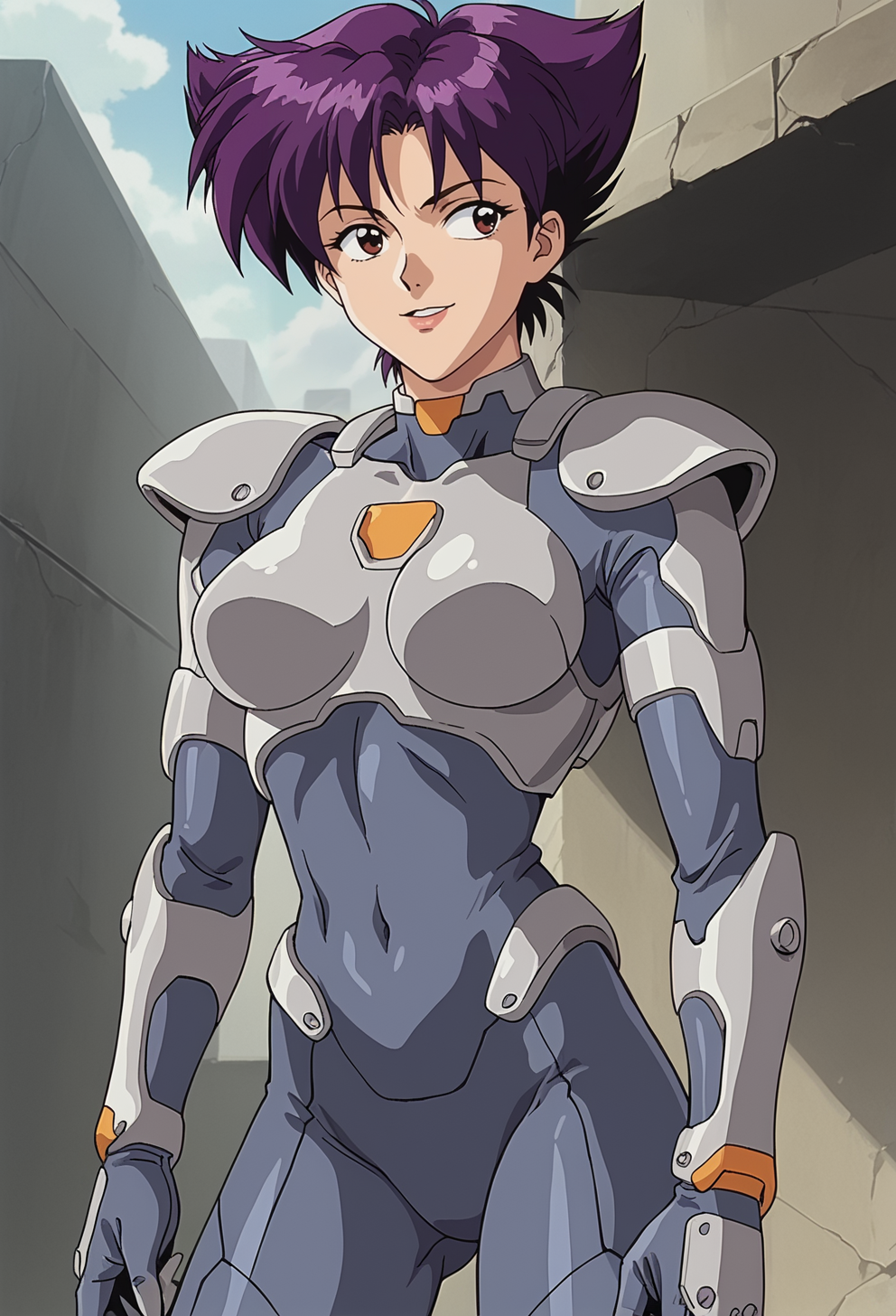 score_9, score_8_up, score_7_up, anime screencap, 2D, anime official art, animation, retro, BREAK,  <lora:KonokoPony:1>, konoko, 1girl, grey body armor, dark blue bodysuit, breastplate, covered navel,  grey bodysuit, purple hair, short hair, shoulder armor, shoulder pads, solo, standing, science fiction, tactical clothes, outdoor, alien, weapons, matrix, ghost in the shell, portrait, face focus, happy smile, posing, zoom in, close shot