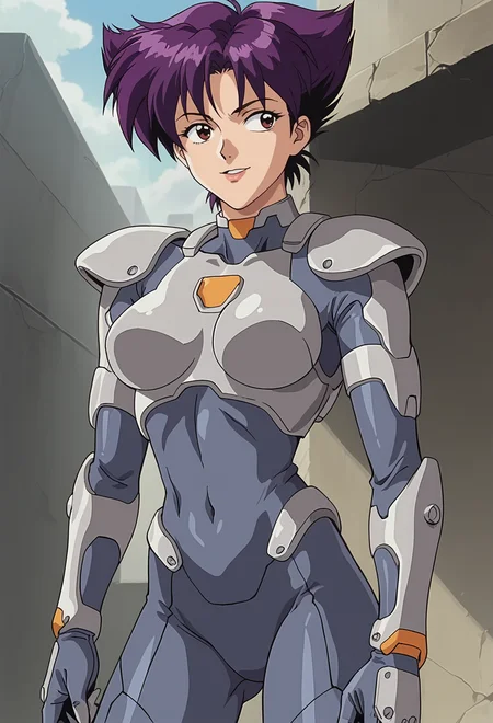 score_9, score_8_up, score_7_up, anime screencap, 2D, anime official art, animation, retro, BREAK, <lora:KonokoPony:1>, konoko, 1girl, grey body armor, dark blue bodysuit, breastplate, covered navel, grey bodysuit, purple hair, short hair, shoulder armor, shoulder pads, solo, standing, science fiction, tactical clothes, outdoor, alien, weapons, matrix, ghost in the shell, portrait, face focus, happy smile, posing, zoom in, close shot