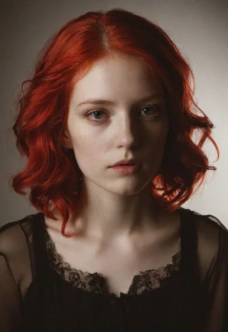 1girl, red hair, Rembrandt Lighting Style, low light, darkness, (smoke:0.6),  RBW-XL, dvr-trd art by alexeyegorov