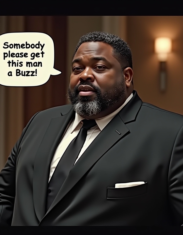 realistic image, photo, movie scene , chubby black man with short gray hair and short beard, eyes rolled up, wearing black classy suit with necktie, saying in speech bubble "Somebody please get this man a Buzz!" written with huge letters,clearly visible