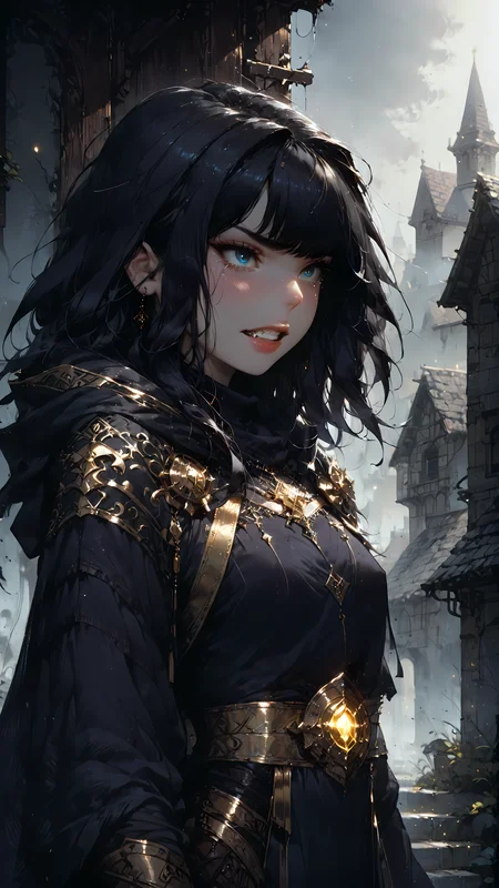 score_9, score_8_up, score_7_up, rating_safe, fantasy,
1girl, solo, small breasts, black hair, black cloak, turtleneck, standing in ally, black jeans, 1lantern, moonlight, tears, bangs, (looking up:1.2), stone buildings, view from front, looming buildings, skyscrapers, city alley,
haze, fog, grey tones, yellow fog, shadows, boke, wet gravel path,
dark, nighttime,
monstrous background, disgusted face, open mouth, clenched teeth, hooded, evil grin, gold thread, glowing rune cloth,
<lora:Expressive_H:1> <lora:princess_xl_v2:1> <lora:Fant5yP0ny:1> <lora:Vixons Pomy Styles Gothic Neon:.45> <lora:HKStyle_V3:1> <lora:disgusted_face_xl_goofy:1> <lora:Flash_Glowing_Runes_SDXL:1>