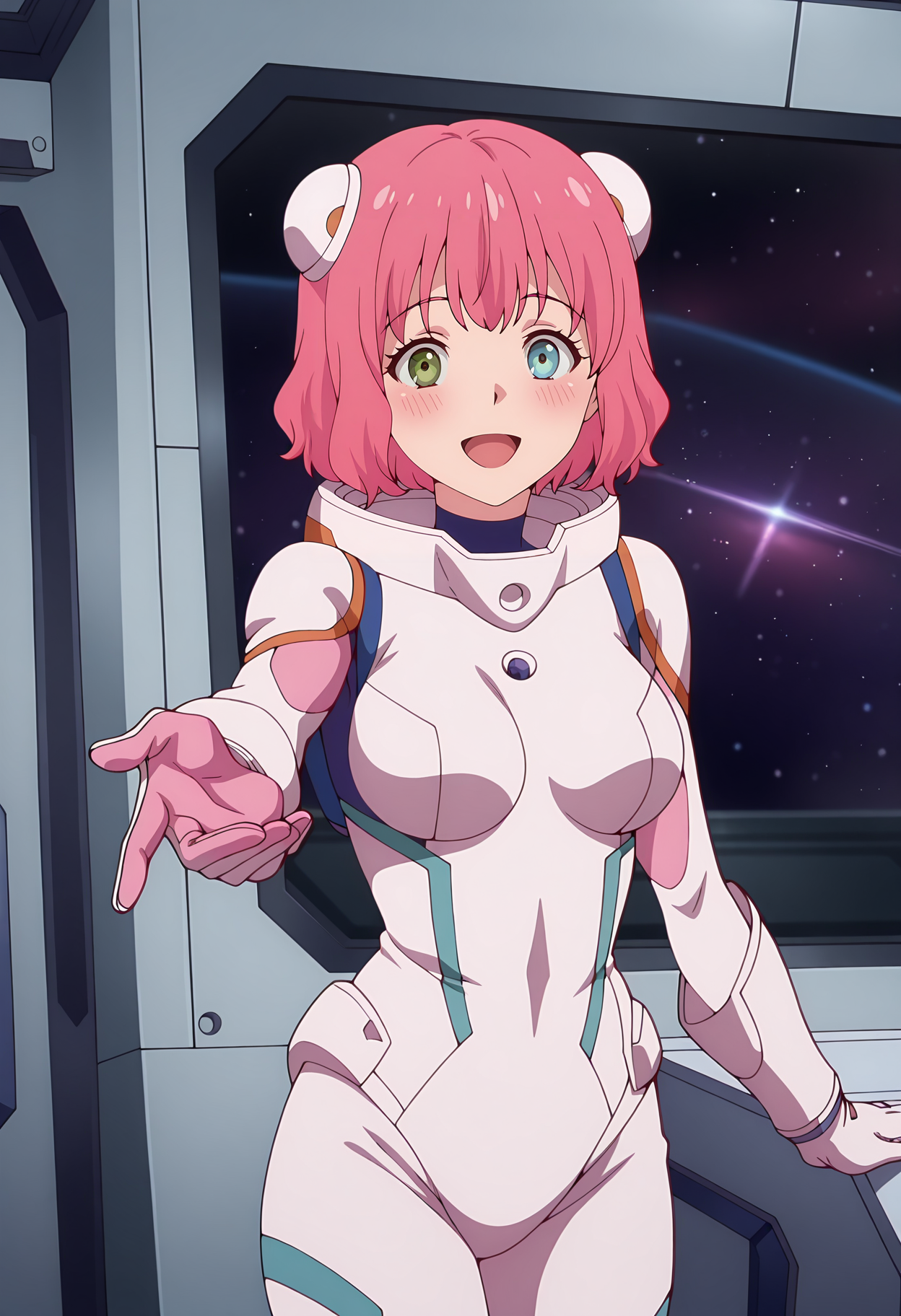anime screencap, masterpiece, best quality,
<lora:KanataNoAstra_AriesSpring_IlluXL:0.9>,
1girl, solo, open mouth, smile, blush,
short hair, pink hair, heterochromia, green eyes, hairpods,
spacesuit, skin tight,
beckoning, offering hand, reaching towards viewer, 
standing, looking at the viewer, cowboy shot, 
science fiction, indoors, spacecraft interior, window, space