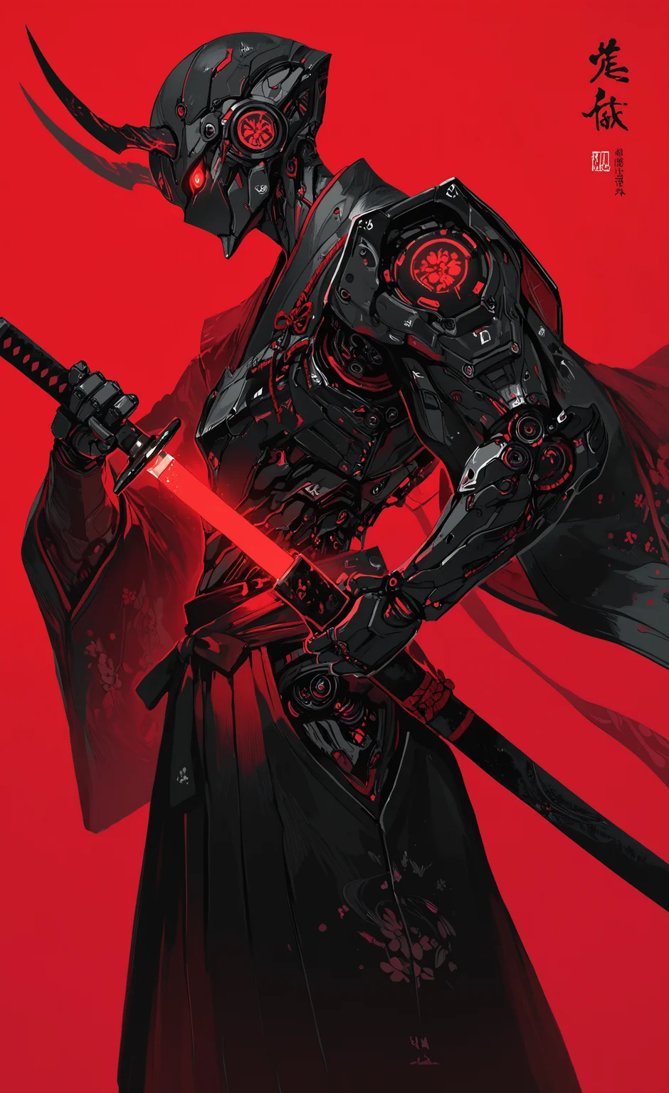 masterpiece, best quality, good quality, very awa, newest, highres, absurdres, solo, red eyes, holding, weapon, horns, japanese clothes, sword, holding weapon, from side, no humans, glowing, holding sword, katana, robot, sheath, red background, hakama, mecha, science fiction, sheathed, scabbard, unsheathing, humanoid robot, samurai, limited palette, <lora:illustriousXL_stabilizer_v1.23:0.3> <lora:NOOB_vp1_detailer_by_volnovik_v1:0.3> <lora:ponyv6_noobE11_2_adamW-000017:0.3> <lora:114558v4df2fsdf5:0.6> <lora:XXX667:0.4> <lora:mon_monmon2133:0.5>