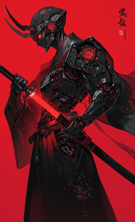 masterpiece, best quality, good quality, very awa, newest, highres, absurdres, solo, red eyes, holding, weapon, horns, japanese clothes, sword, holding weapon, from side, no humans, glowing, holding sword, katana, robot, sheath, red background, hakama, mecha, science fiction, sheathed, scabbard, unsheathing, humanoid robot, samurai, limited palette, <lora:illustriousXL_stabilizer_v1.23:0.3> <lora:NOOB_vp1_detailer_by_volnovik_v1:0.3> <lora:ponyv6_noobE11_2_adamW-000017:0.3> <lora:114558v4df2fsdf5:0.6> <lora:XXX667:0.4> <lora:mon_monmon2133:0.5>