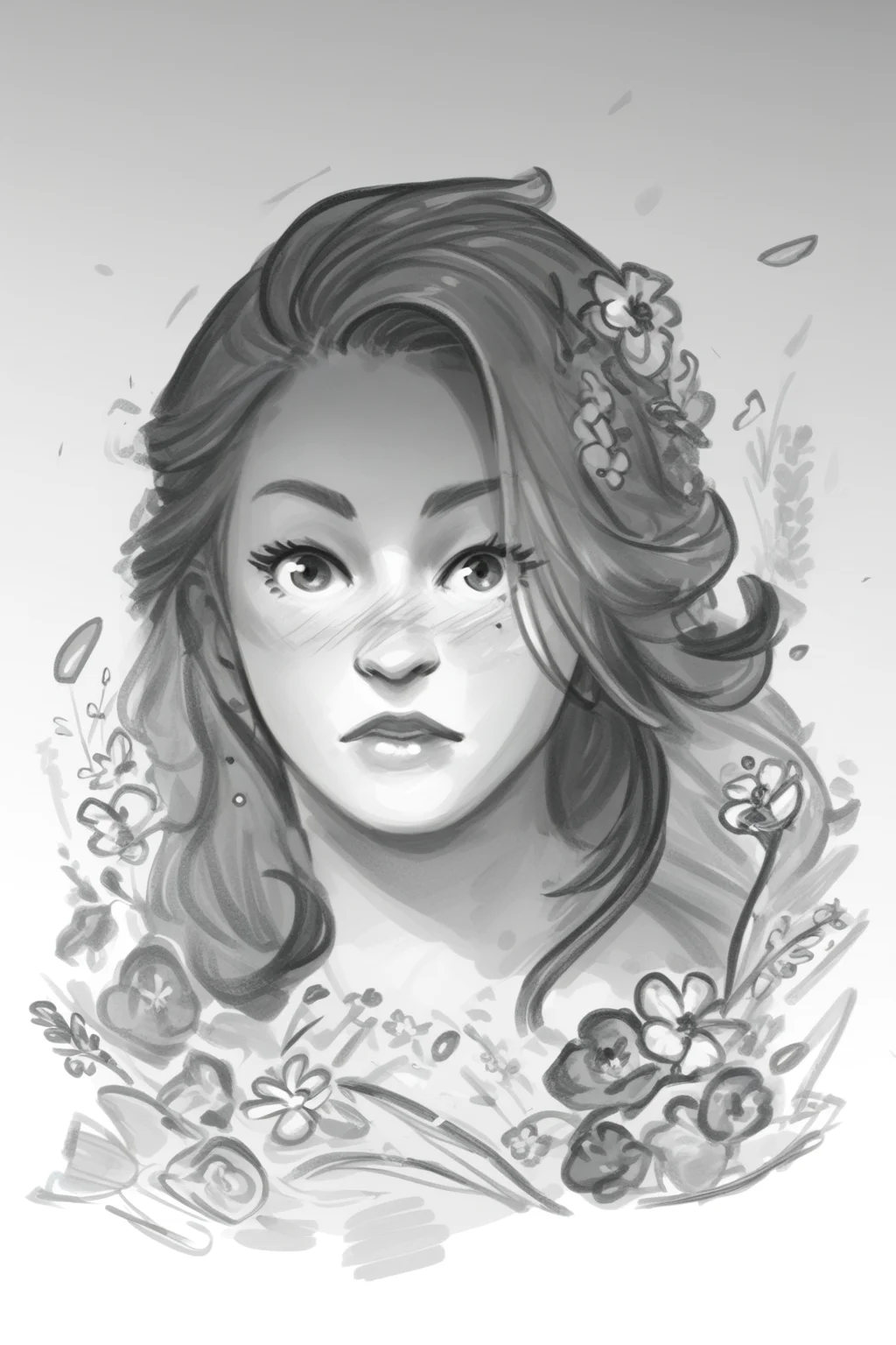 score_9, score_8_up, score_7_up, masterpiece, high quality, BREAK
<lora:Calamari CakesStylePonyLyco:1> monochrome, greyscale, solo, drawing, sketch, silent comic, simple background
a woman, portrait, long hair, face zoom, framed by flowers