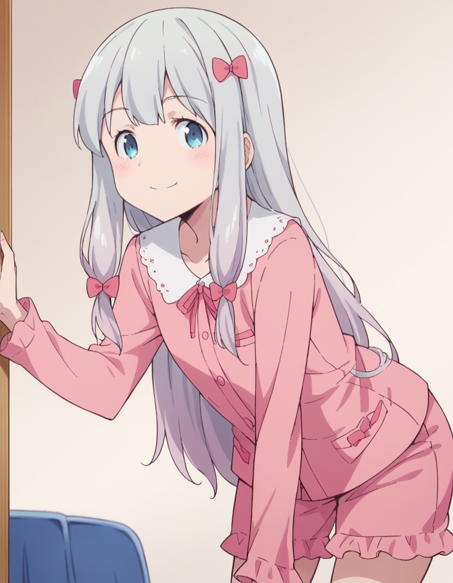 score_9, score_8_up, score_7_up, source_anime,
sagiriizumi, <lora:sagiri-izumi-s1-ponyxl-lora-nochekaiser:1>,
sagiri izumi, long hair, blue eyes, bow, hair bow, grey hair, pink bow,
ribbon, shorts, pink shirt, pajamas, pink shorts,
indoors, bent over, smile,
solo, looking at viewer, cowboy shot, dutch angle,