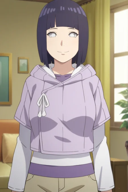 score_9, score_8_up, score_7_up, score_6_up, score_5_up, score_4_up, BREAK source_anime, 1girl, solo,
<lora:HinataBorutoXL-v1-07:0.7>, ChopioHinataBoruto, medium hair, purple hair, shiny hair, bob cut, blunt bangs, no pupils, white eyes, looking at viewer,
medium breasts, mature female,
outfit_1, lilac hoodie, hood down, white shirt, purple undershirt, drawstring, short over long sleeves, brown shorts,
living room, standing, smile, arms at sides,