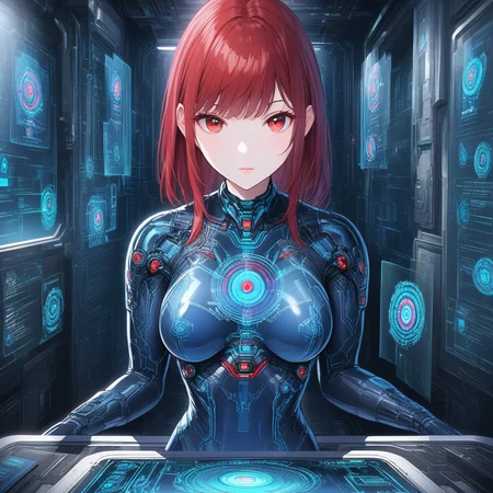 1girl, impossible bodysuit, looking at viewer, hologram, red eyes, holographic interface, science fiction, skin tight, solo, bangs