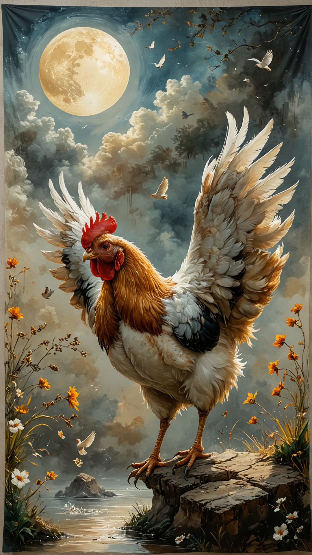(masterpiece, best quality, highres:1.21) , ((Steppe Glider, Palestinian Chicken, "In the symphony of connection, we find our place, interwoven in the tapestry of souls, bound by love and compassion.", "Dancing in the moonlight, everybody's feeling warm and bright.", Liquid of Elements)) , (doodling drawing of Ice) , oil painting, Oriental style portrait hanging on a wall in art gallery, ((ink splashing technique) , (freehand brushwork) , (blurred lines) , (sparse composition) , (subtle details) , (subtle ink color variation) , (flowing brushstrokes) , (artistic interpretation)) , masterpiece quality, ultra detailed, <lora:MidjourneyV6.1:1>, midjourneyv6.1
