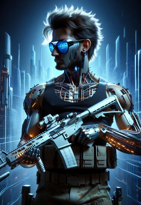 score_9, score_8_up, score_7_up, score_6_up, score_5_up, score_4_up, masterpiece, trending on artstation, high quality, Pixel-perfect precision, pristine detail, 8K resolution, high fidelity, Insane quality, <lora:Holding_Weapon_Lora_-_For_Pony_models:1> ho1ding-weap0n, 1boy, holding rifle, military, standing, wearing tank top, cyberpunk
