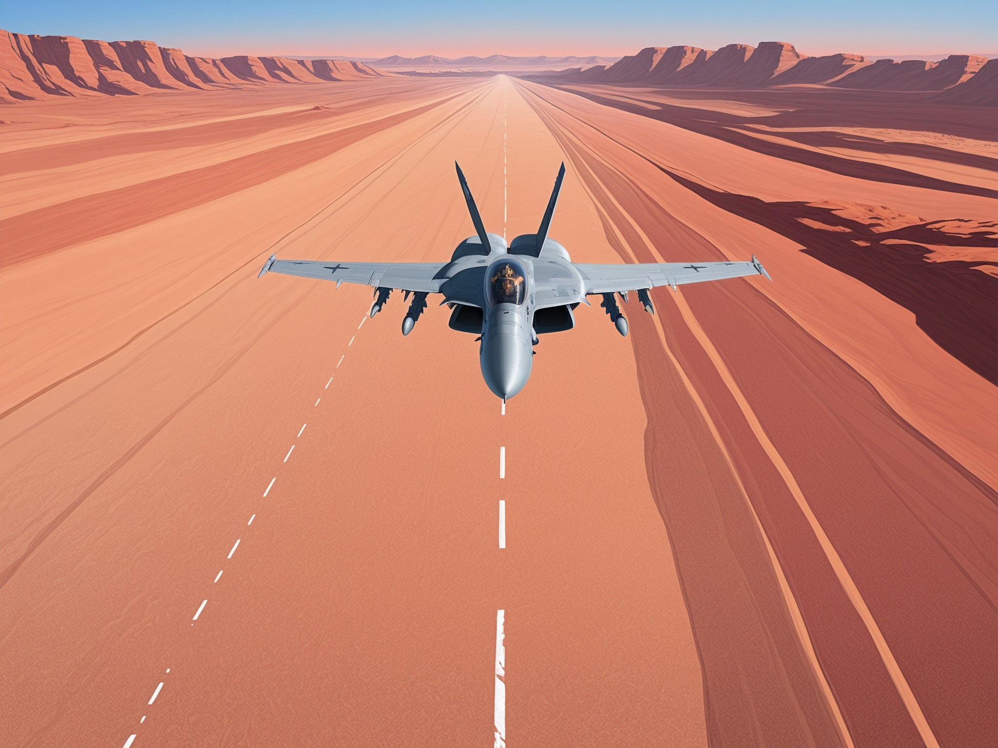 <lora:FA-18_Illustrious:1.0>,F/A-18, low altitude canyon run over red desert mesas, dust vortex trailing wingtips, golden hour, long shadows, expansive panorama, eagle eye perspective, rugged landscape, masterpiece, best quality, amazing quality