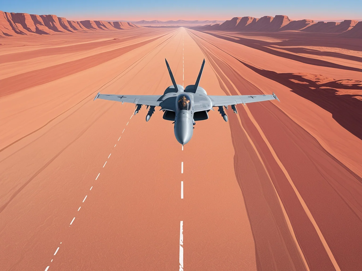 <lora:FA-18_Illustrious:1.0>,F/A-18, low altitude canyon run over red desert mesas, dust vortex trailing wingtips, golden hour, long shadows, expansive panorama, eagle eye perspective, rugged landscape, masterpiece, best quality, amazing quality