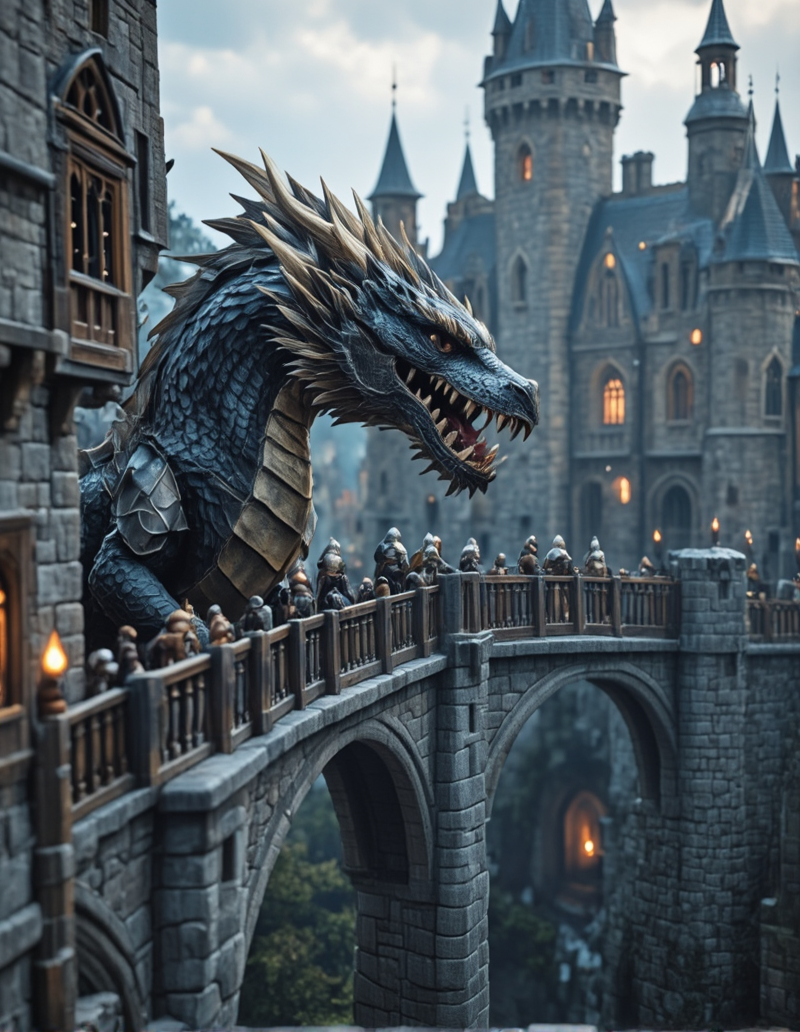 <lora:MW_Minis02flux:1> m1md, animation, medieval, epic, epic details, epic scale, absurdres, outdoors, closeup,  knights, huge dragon, medieval castle, medieval windows, bokeh, on a bridge from side, medieval cityscape, blured castle in the background, sky, fire, arch, sky, illuminated windows,