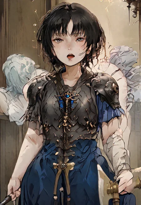 ((score_9), score_8_up, score_7_up), score_6_up, masterpiece, hands, Expressiveh, perfection, detailed, perfect, sexy pose, open mouth, 1girl, tomie kawakami, solo, ( female japanese warrior)), (small arms)), ((barely covered)), (skimpy armour)), (visibly nervous), (chubby face), (voluptuous body), trembling, (holding large axe), ((looking around)), (((slim waist))),(fantasy_tavern_background)