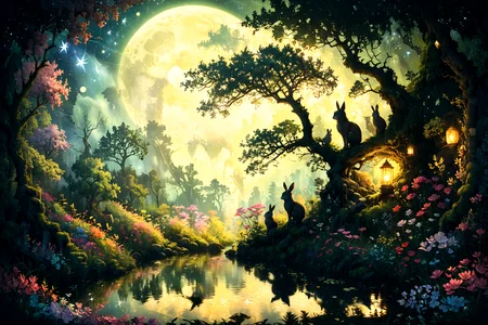 Imagine a serene and mystical forest clearing under a full moon's soft glow. In the heart of this enchanted landscape, a grand, ancient oak tree stands tall, its branches stretching wide and adorned with glowing lanterns, casting gentle light upon the surroundings. Beneath this majestic tree, a small, crystal-clear pond mirrors the moon and stars above, adding a magical sparkle to the scene. Surrounding the pond, a carpet of lush, green moss and delicate, colorful wildflowers create a vivid mosaic of life. In the foreground, a family of forest creatures, including a wise old owl perched on a branch, a curious fox peeking from behind the trees, and a pair of rabbits nestled in the grass, gather in peaceful harmony, enjoying the tranquility of the night. This tableau blends the natural beauty of the wild with a touch of fantasy, evoking a sense of wonder and enchantment <lora:Lost_In_Dreams:0.7> <lora:xl_more_art-full_v1:0.6>, (masterpiece:1.2), best quality, (hyperdetailed, highest detailed:1.2), high resolution textures