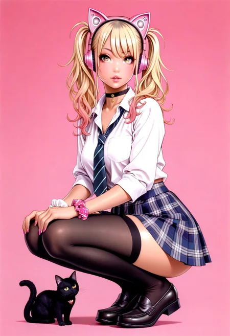 masterpiece,best quality,absurdres,highres,perfect anatomy,sketch,
1girl,gyaru,solo,cat,squatting,full body,looking at viewer,
blonde hair,twintails,choker,school uniform,pleated skirt, tartan skirt,loafers,wrist scrunchie,cat ears,pink-headphones, thigh-high stockings,
pink background,<lora:Yamashita_Shunya_Illu_Edition:1>,YS-Illu,, masterpiece,best quality,absurdres,highres,perfect anatomy,(sharp image),