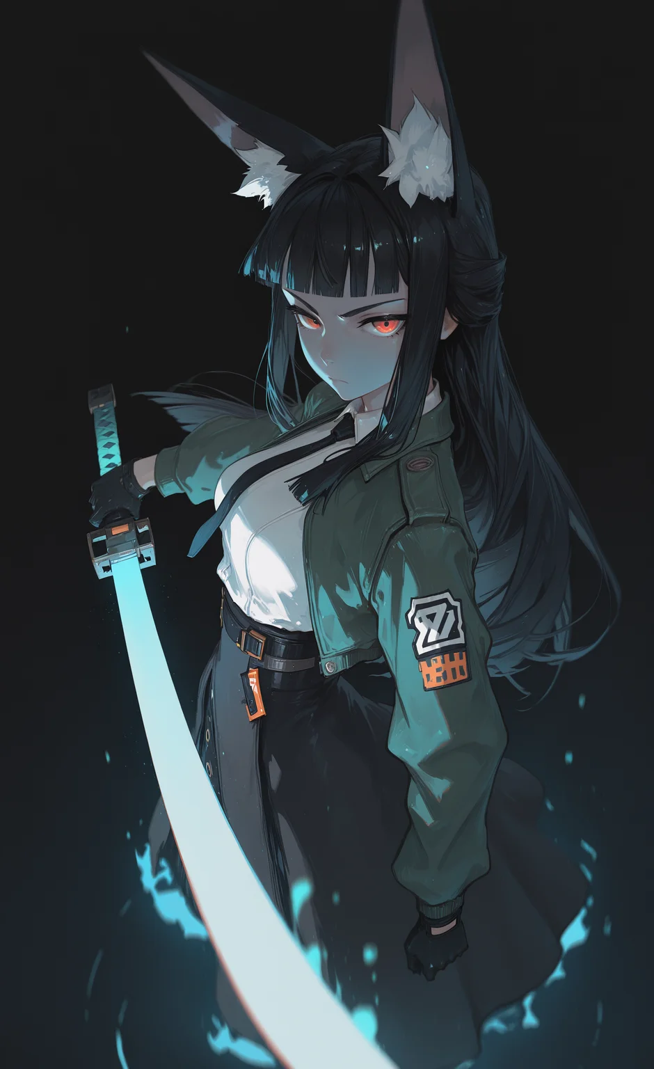 masterpiece, best quality, good quality, newest, highres, absurdres, hoshimi miyabi, zenless zone zero,
1girl, solo, lack, from above, from side, foreshortening, animal ear fluff, black gloves, black hair, black necktie, black skirt, blunt bangs, closed mouth, fox ears, fox girl, green jacket, high-waist skirt, holding sword, glowing katana, energy, long hair, red eyes, serious, sidelocks, white shirt, blue theme, black background, depth of field, cinematic,
perspective,looking at viewer, Ethereal Brushstroke,dhjs,
dino_(dinoartforame) <lora:illustriousXL_stabilizer_v1.23:0.3> <lora:NOOB_vp1_detailer_by_volnovik_v1:0.3> <lora:ponyv6_noobE11_2_adamW-000017:0.45> <lora:Illustrious:0.15> <lora:dino_dinoartforameILL:1> <lora:dhjs_0010-waiNSFWIllustrious_v110_V1-CAME:0.6>