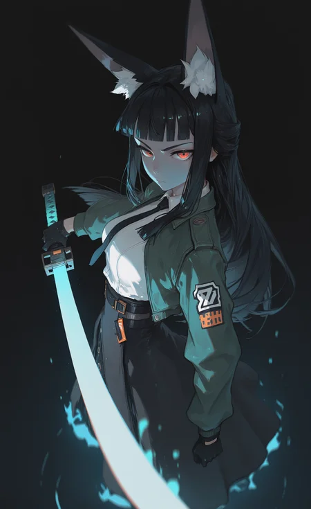 masterpiece, best quality, good quality, newest, highres, absurdres, hoshimi miyabi, zenless zone zero,
1girl, solo, lack, from above, from side, foreshortening, animal ear fluff, black gloves, black hair, black necktie, black skirt, blunt bangs, closed mouth, fox ears, fox girl, green jacket, high-waist skirt, holding sword, glowing katana, energy, long hair, red eyes, serious, sidelocks, white shirt, blue theme, black background, depth of field, cinematic,
perspective,looking at viewer, Ethereal Brushstroke,dhjs,
dino_(dinoartforame) <lora:illustriousXL_stabilizer_v1.23:0.3> <lora:NOOB_vp1_detailer_by_volnovik_v1:0.3> <lora:ponyv6_noobE11_2_adamW-000017:0.45> <lora:Illustrious:0.15> <lora:dino_dinoartforameILL:1> <lora:dhjs_0010-waiNSFWIllustrious_v110_V1-CAME:0.6>