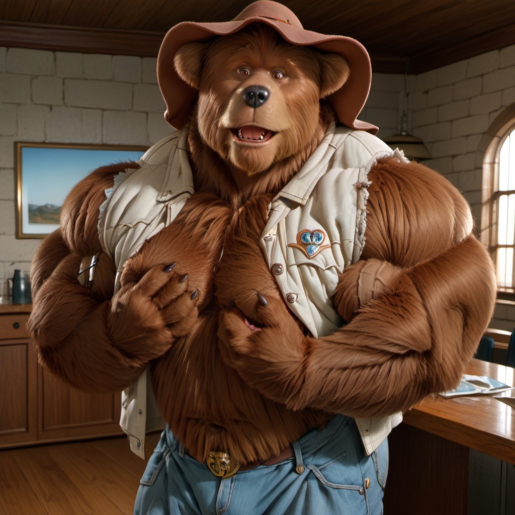 ((big bear, big belly, hand paws on his side, standing tall, brown fur, bara, tall brown bear, groping himself, jeans, bulge, open vest, hat, hyper muscles, giant, giant looming, big pecs, huge pecs, muscle gut, huge jaw, huge chin, vascular, bodybuilder, masculine face, (perfect hands), indoors))