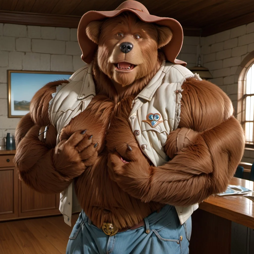 ((big bear, big belly, hand paws on his side, standing tall, brown fur, bara, tall brown bear, groping himself, jeans, bulge, open vest, hat, hyper muscles, giant, giant looming, big pecs, huge pecs, muscle gut, huge jaw, huge chin, vascular, bodybuilder, masculine face, (perfect hands), indoors))