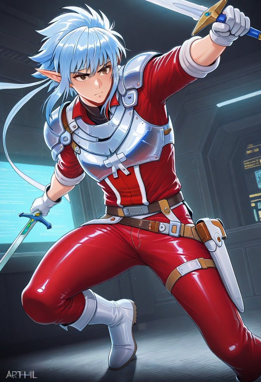 masterpiece, best quality, amazing quality, ARTHIL, 1boy, male focus, brown eyes, with elf ears, blue hair, long white headband, silver shoulder armor, shiny armor, white breastplate, red shirt, sleeves rolled up, red jeans, holster belt, white gloves, white boots, action pose, sword, sci-fi background, solo, indoors