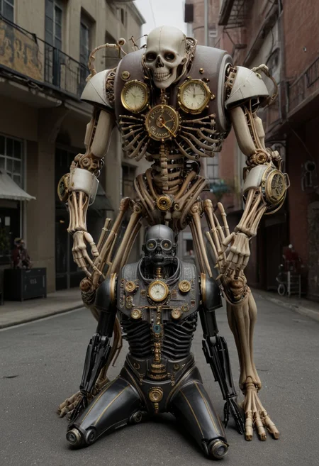 a skeleton clock sitting in the middle of a street, 3d rendered steampunk, muscular eldritch clockwork, cyberpunk skeleton, clockpunk, robot skeleton, steampunk automaton, high quality steampunk art, clockwork steampunk, skelleton, clockwork mechanical, titanium skeleton, tall skeletal figure, clockwork automaton, clockwork horror, mechanical clock, inter dimensional clockwork, 4 k human detailed!!!