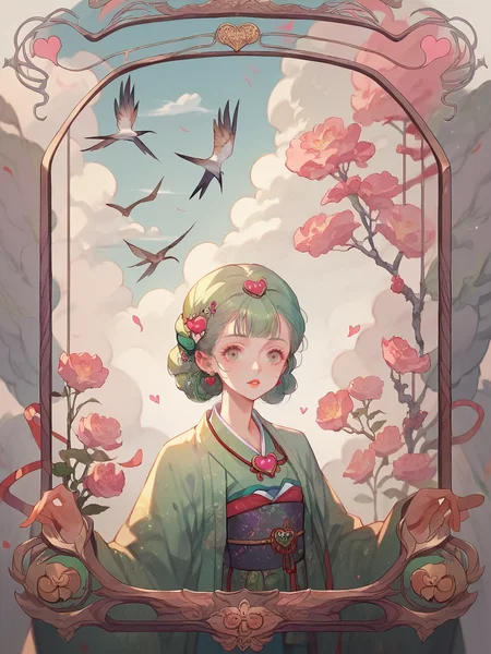 source_anime, score_9, score_8_up, score_7_up, score_6_up, score_5_up,  <lora:rdjXLP:1> rdj, tarot, heart brooch, green hair, kimono, cloud, plant, bird, eyelashes, 1girl