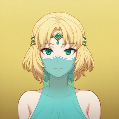 mana_sk style, portrait, focus on face, a resolute desert warrior girl with short, windswept sandy-blonde hair and piercing green eyes, wearing a veil partially covering her face and a decorative metallic circlet with turquoise gemstones, faint outlines of desert dunes in the golden background, Japanese RPG style, adventurous and regal atmosphere, intricate details on her circlet and veil