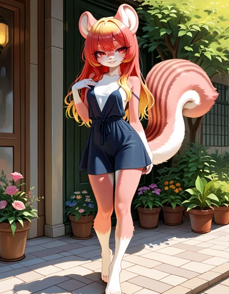 masterpiece, best quality, very aesthetic, absurdres,
outdoors,
standing, posing,
casual,
full body, seductive smile, parted lips, long eyelashes,
<lora:Namuta_v01_NAIXL:1>
Namuta,1girl,solo,furry,furry female,squirrel girl,squirrel ears,long hair,multicolored hair,red eyes,animal nose,body fur,squirrel tail,