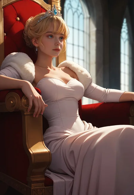 1girl, sitting, throne, inside a castle, elegant dress, blonde, short hair, bangs, princess, tiara, cinematic shot, portrait,
score_9, Score_8_up,